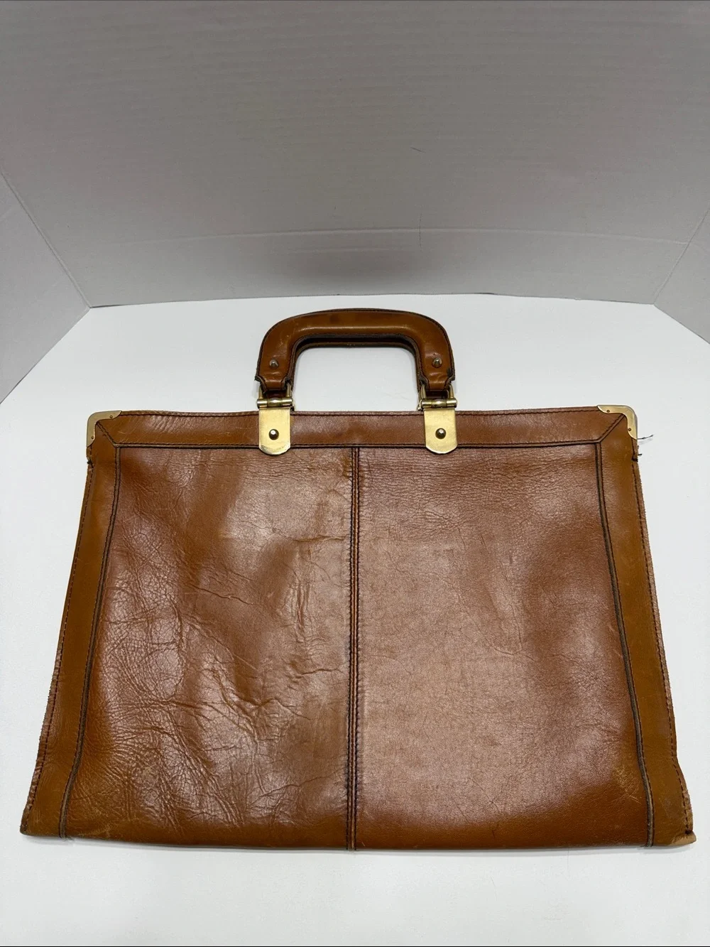 Men's Tan Leather Top-Handle Briefcase with Brass Accents